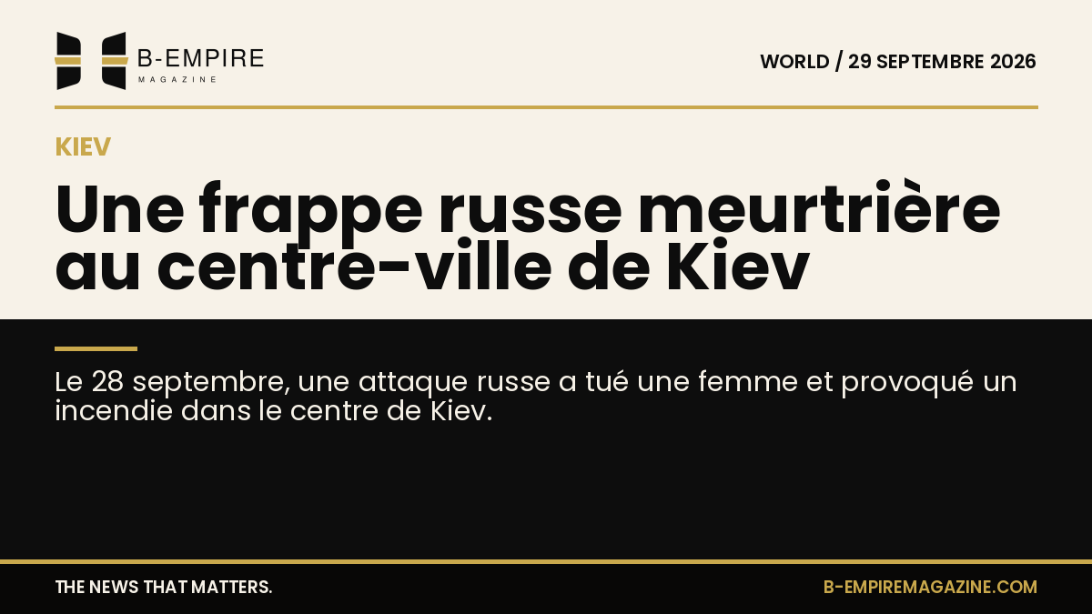 Image divisée en deux zones, moitié papier clair et moitié noir, avec le titre sur la ligne de séparation évoquant une frappe russe meurtrière au centre de Kiev.