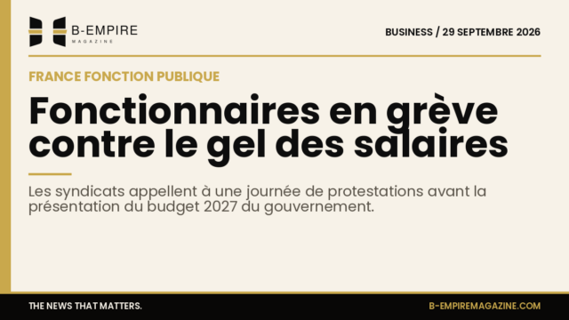 Affiche d'annonce de grève avec des silhouettes de manifestants et des symboles de la fonction publique en France.