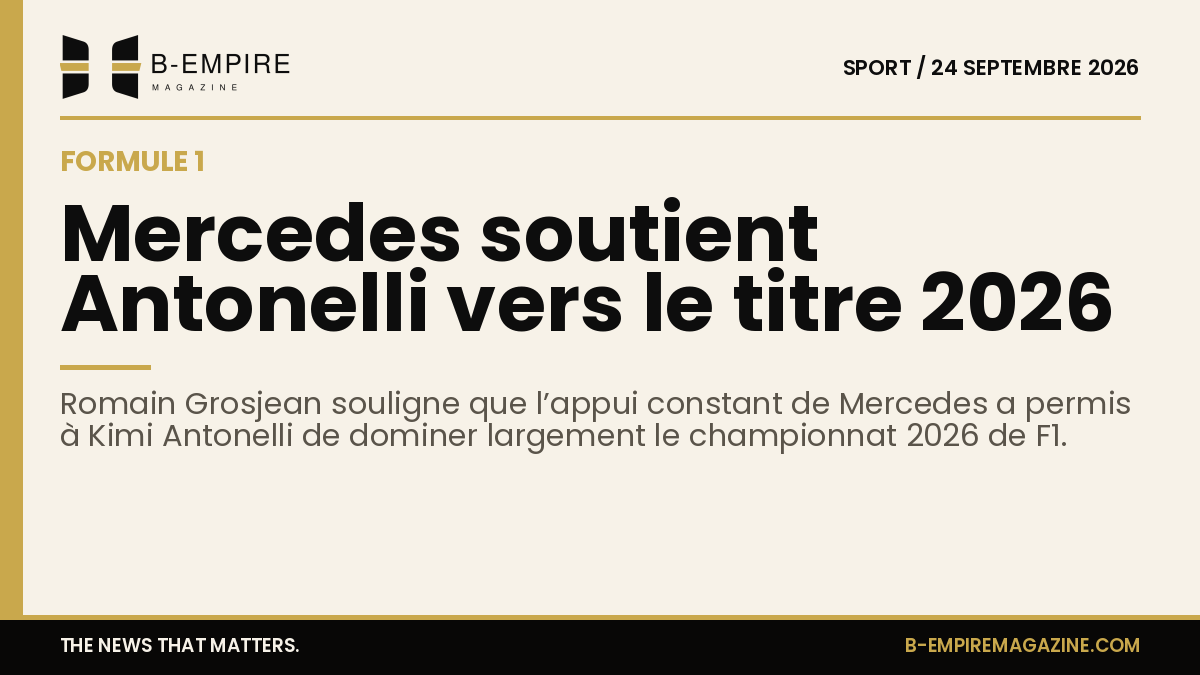 Photo de Kimi Antonelli célébrant une victoire en Formule 1 avec des éléments graphiques en or et encre sur fond papier.