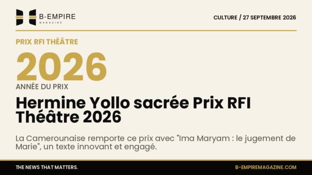 Affiche stylisée du Prix RFI Théâtre 2026 avec le nom d'Hermine Yollo et le titre de son œuvre