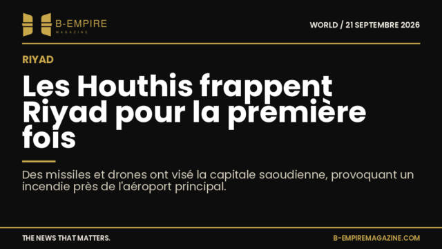 Image stylisée d'une attaque de missiles et drones sur fond noir avec des touches or et blanc