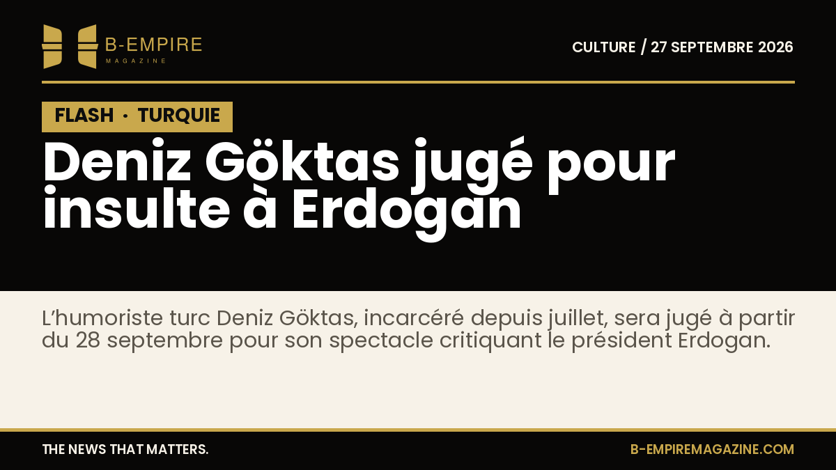 Affiche sombre avec le mot FLASH en blanc sur fond noir et texte annonçant le procès de Deniz Göktas pour insulte au président Erdogan en Turquie.