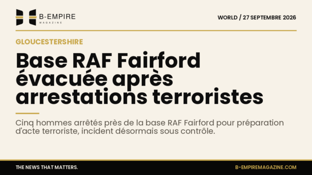 Base aérienne RAF Fairford avec véhicules de police et zone évacuée dans le Gloucestershire