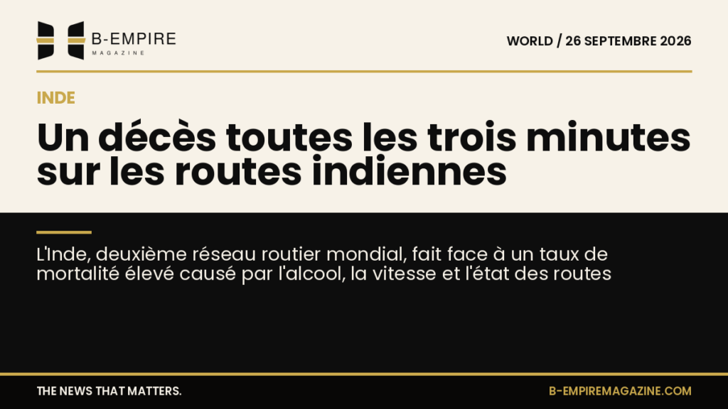 Carte stylisée de l'Inde avec routes en surbrillance et un symbole d'alerte indiquant la mortalité routière élevée