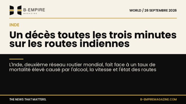 Carte stylisée de l'Inde avec routes en surbrillance et un symbole d'alerte indiquant la mortalité routière élevée