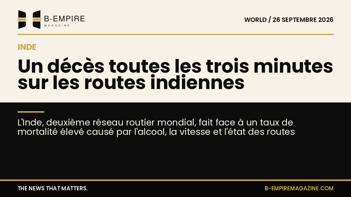 Carte stylisée de l'Inde avec routes en surbrillance et un symbole d'alerte indiquant la mortalité routière élevée