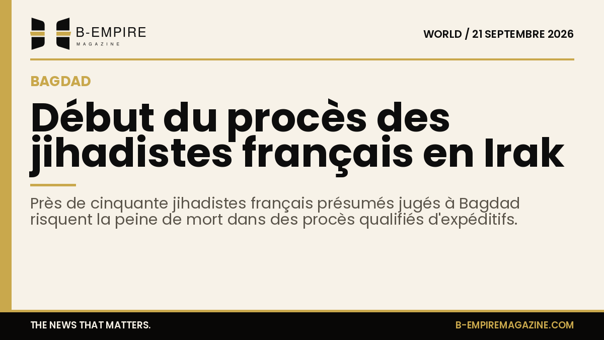 Visuel avec une bande dorée en haut, titre encre sur fond papier évoquant le procès de jihadistes français en Irak