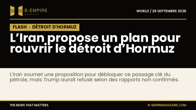 Texte sur fond noir avec le mot FLASH en haut, titre en blanc et or évoquant la proposition iranienne pour le détroit d’Hormuz