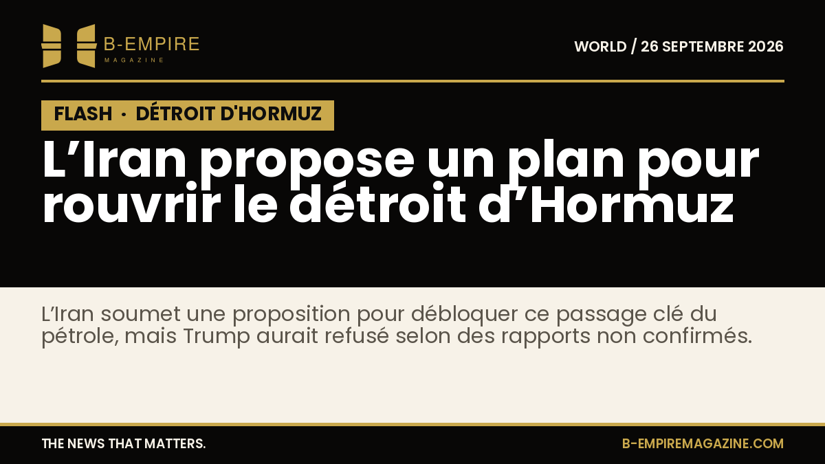 Texte sur fond noir avec le mot FLASH en haut, titre en blanc et or évoquant la proposition iranienne pour le détroit d’Hormuz