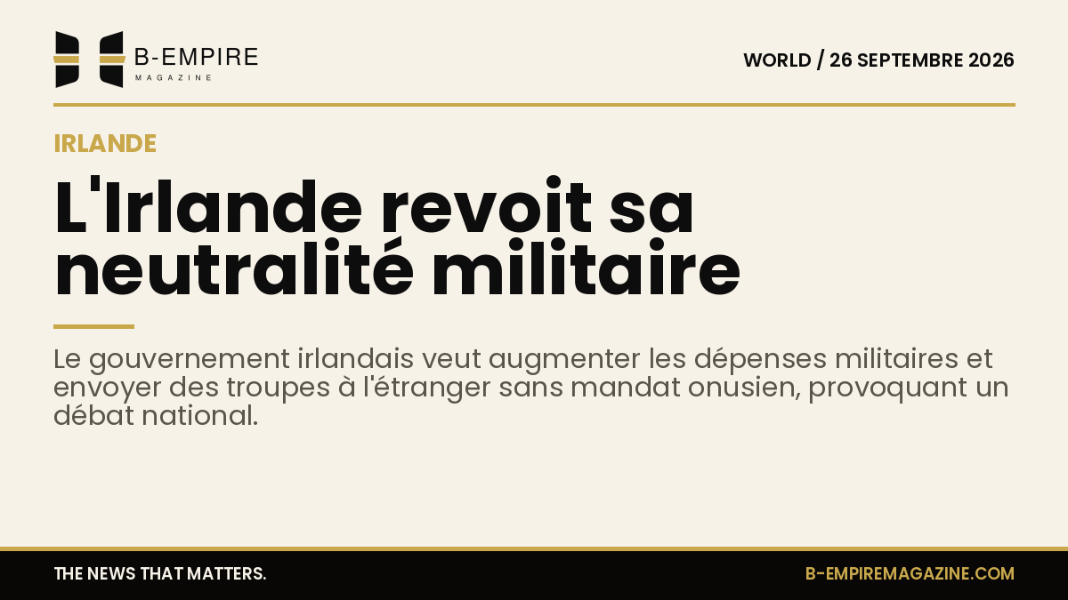 Visuel papier avec titre en encre noire sur fond couleur papier, évoquant le débat sur la neutralité militaire en Irlande