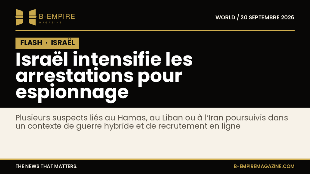 Visuel avec le mot FLASH sur fond noir évoquant une information urgente sur les arrestations en Israël pour espionnage