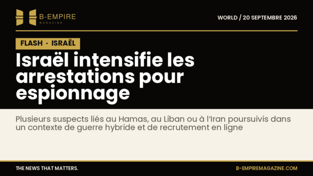 Visuel avec le mot FLASH sur fond noir évoquant une information urgente sur les arrestations en Israël pour espionnage