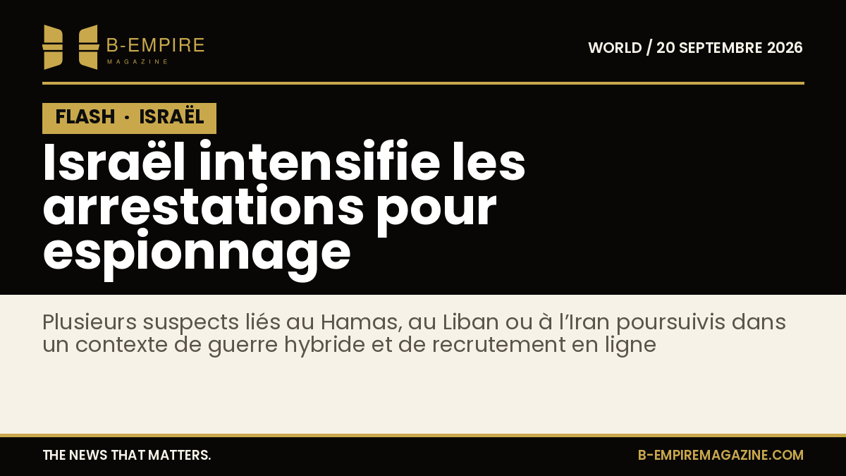 Visuel avec le mot FLASH sur fond noir évoquant une information urgente sur les arrestations en Israël pour espionnage