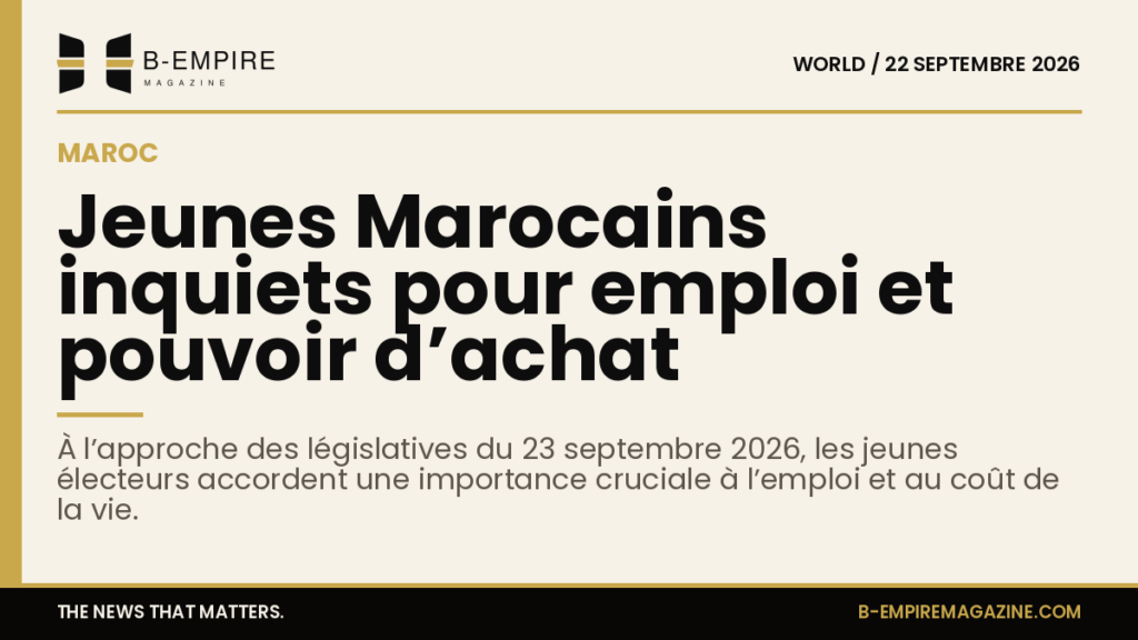 Visuel illustrant des jeunes Marocains préoccupés, devant un fond couleur encre avec bande or et titre en encre.