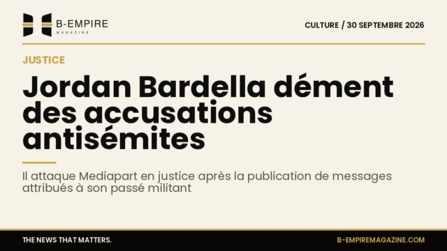 Illustration stylisée d'un gavel de justice sur un fond sombre avec texte évoquant Jordan Bardella et Mediapart