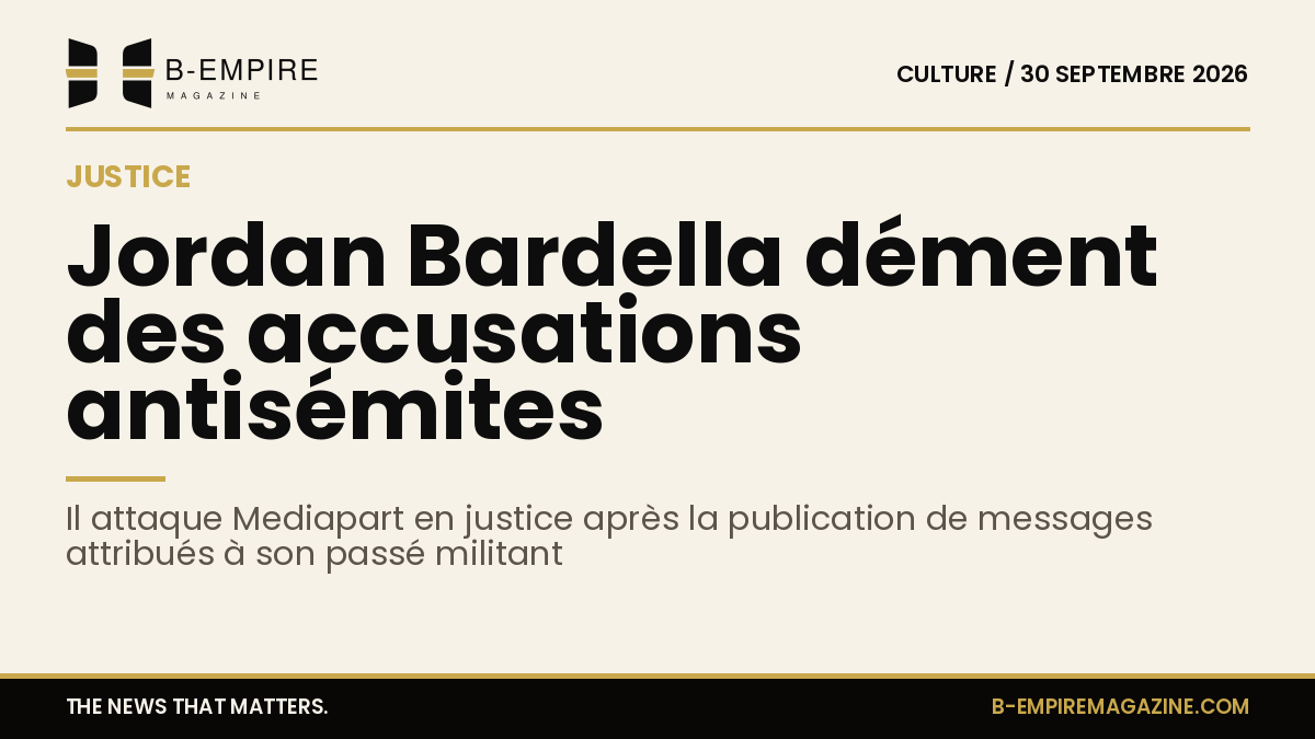 Illustration stylisée d'un gavel de justice sur un fond sombre avec texte évoquant Jordan Bardella et Mediapart