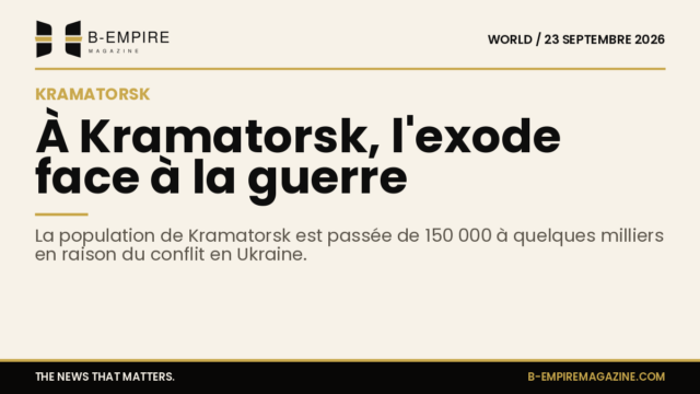 Vue aérienne de la ville de Kramatorsk avec peu d'habitants visibles, illustrant l'exode massif dû à la guerre en Ukraine.