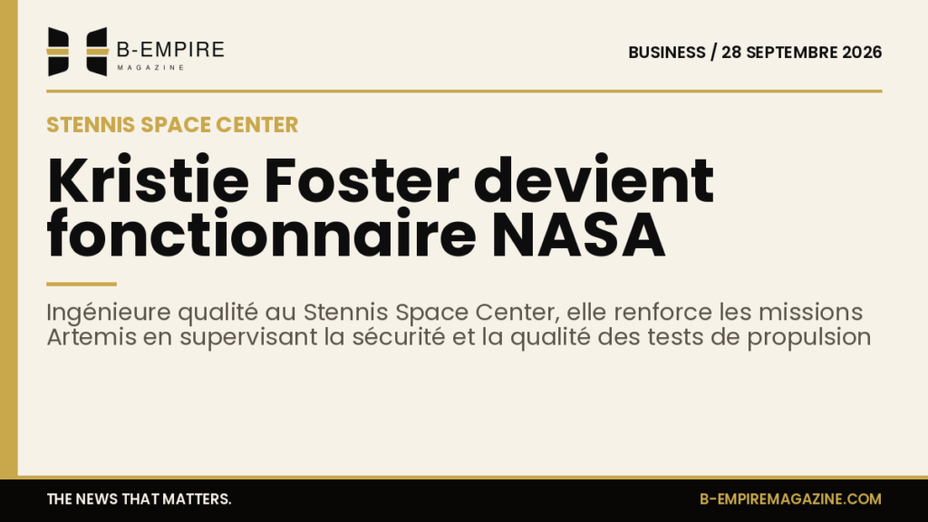 Portrait de Kristie Foster, ingénieure qualité au Stennis Space Center de la NASA, devant une installation de test de propulsion