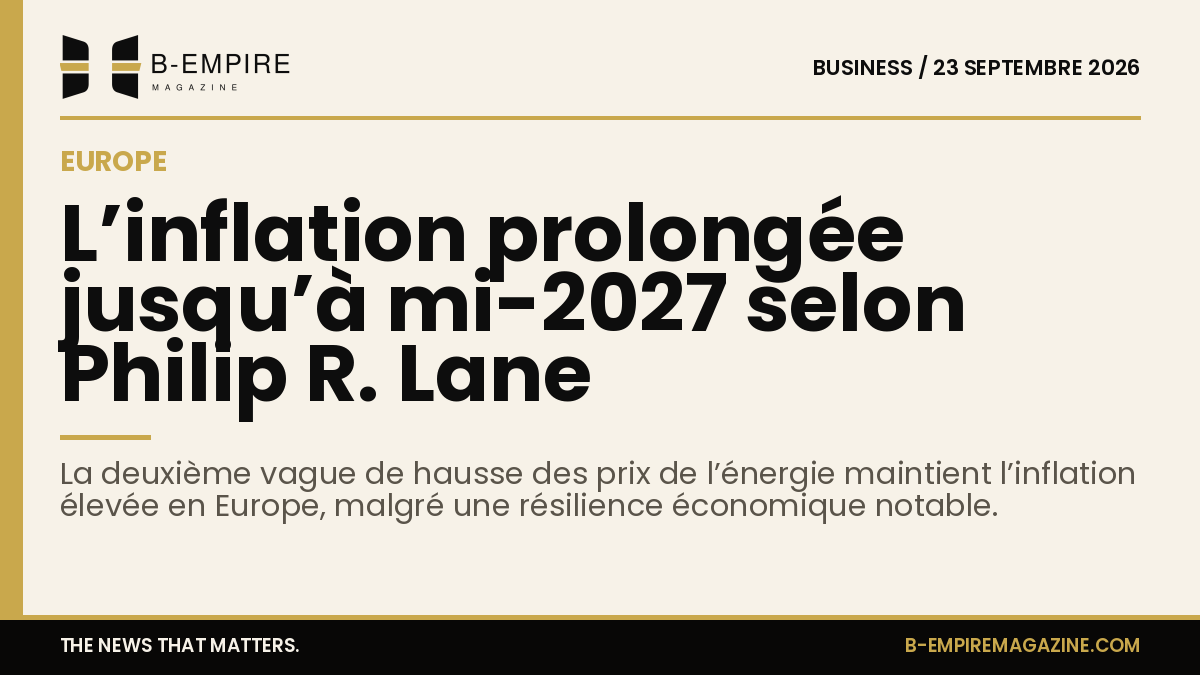 Texte sur fond papier avec une bande dorée et un titre en encre annonçant la prolongation de l'inflation en Europe selon Philip R. Lane.