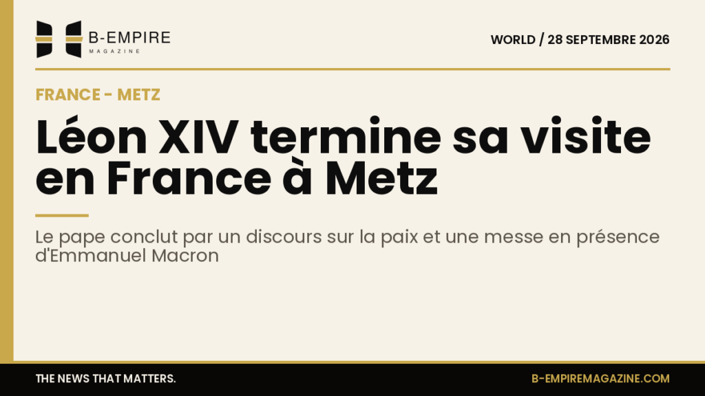Le pape Léon XIV prononçant un discours à Metz avec la cathédrale Saint-Étienne en arrière-plan