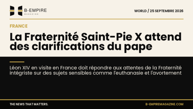 Visuel divisé en deux zones, moitié fond papier avec texte encre, moitié fond noir avec texte or, illustrant la visite du pape Léon XIV en France et la Fraternité Saint-Pie X