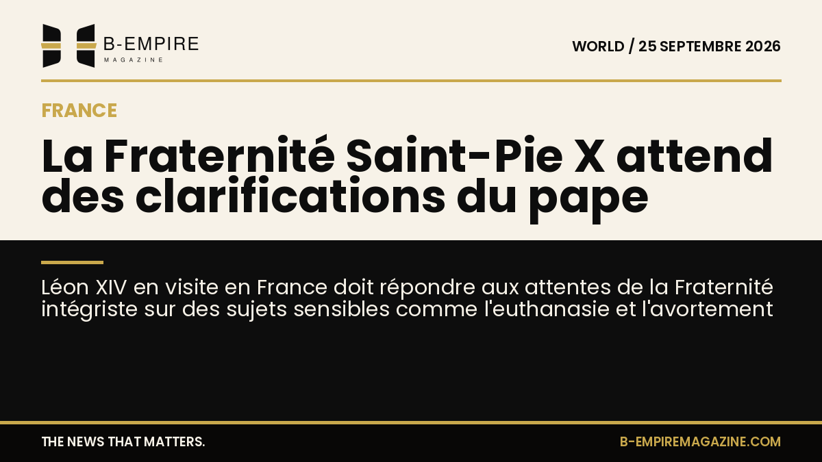 Visuel divisé en deux zones, moitié fond papier avec texte encre, moitié fond noir avec texte or, illustrant la visite du pape Léon XIV en France et la Fraternité Saint-Pie X