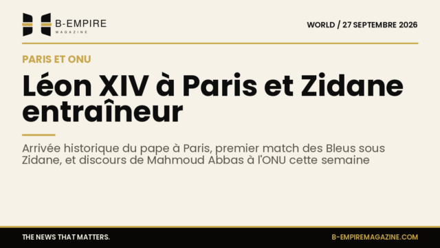 Montage photo montrant le pape Léon XIV à Paris, Zinédine Zidane sur un terrain de football, et Mahmoud Abbas lors d'un discours à l'ONU