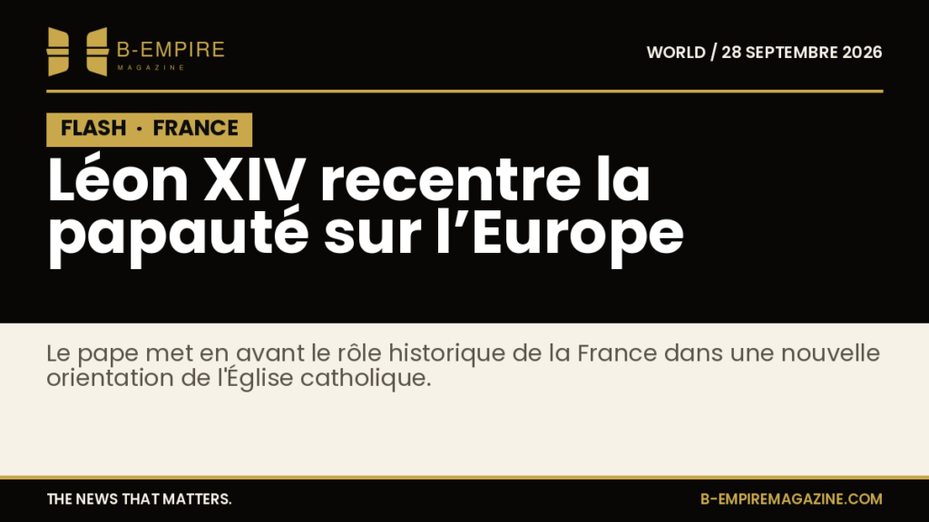 Portrait sobre du pape Léon XIV en habits pontificaux, sur fond neutre, évoquant une visite officielle en France.
