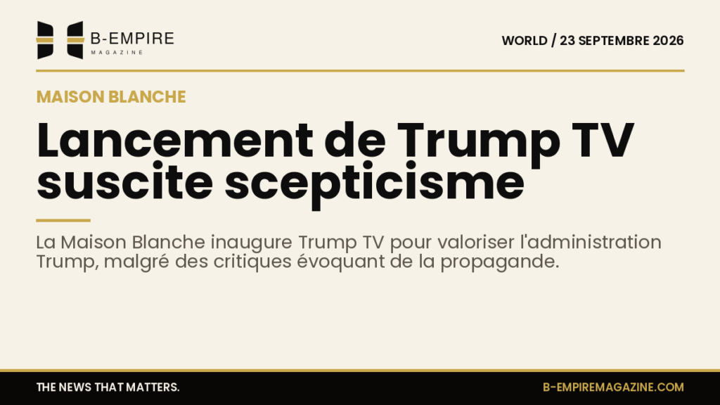 Illustration du logo Trump TV sur un écran avec un fond évoquant la Maison Blanche