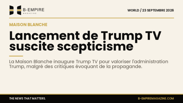 Illustration du logo Trump TV sur un écran avec un fond évoquant la Maison Blanche
