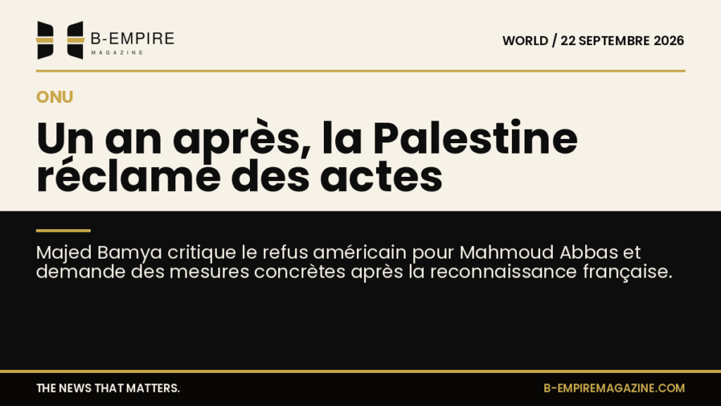 Portrait de Majed Bamya avec un fond divisé entre papier et noir, titre en jaune et blanc à cheval sur les deux fonds.