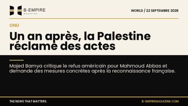 Portrait de Majed Bamya avec un fond divisé entre papier et noir, titre en jaune et blanc à cheval sur les deux fonds.