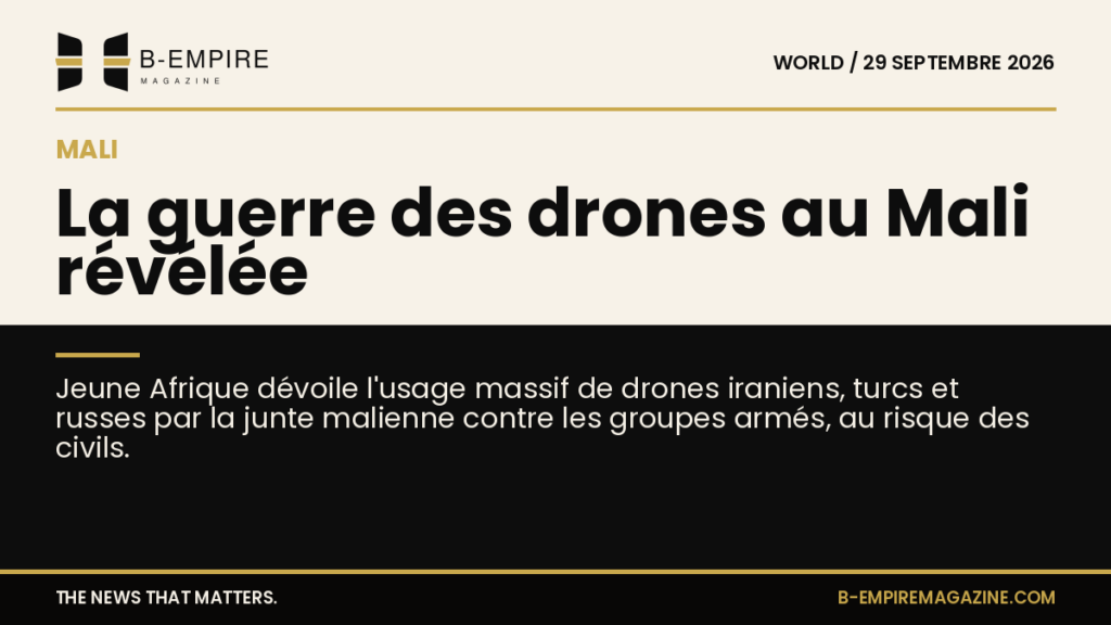 Illustration d'un drone militaire survolant une zone désertique au Mali, symbolisant la guerre des drones de la junte malienne.