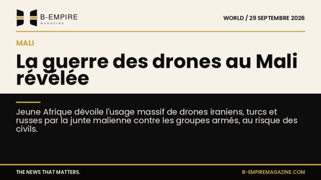 Illustration d'un drone militaire survolant une zone désertique au Mali, symbolisant la guerre des drones de la junte malienne.
