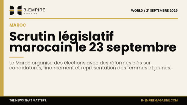 Affiche avec un fond papier, une bande or en haut avec le titre en encre annonçant les élections législatives marocaines du 23 septembre et les réformes électorales.