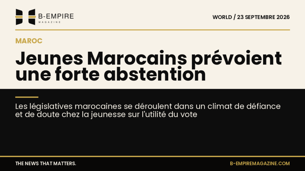 Visuel partagé en deux zones : moitié fond papier avec titre, moitié fond noir avec sous-titre sur les législatives marocaines et l'abstention des jeunes