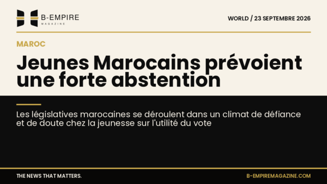 Visuel partagé en deux zones : moitié fond papier avec titre, moitié fond noir avec sous-titre sur les législatives marocaines et l'abstention des jeunes