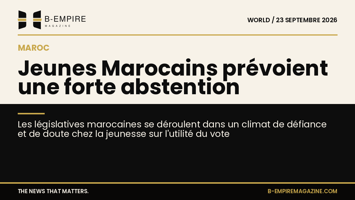 Visuel partagé en deux zones : moitié fond papier avec titre, moitié fond noir avec sous-titre sur les législatives marocaines et l'abstention des jeunes
