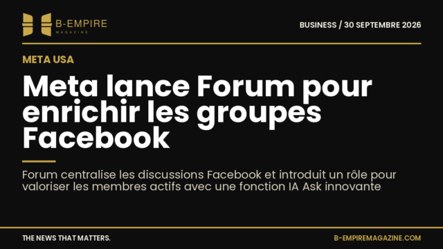 Visuel avec texte blanc et or sur fond noir présentant le lancement de Forum, la nouvelle application de Meta pour groupes Facebook.