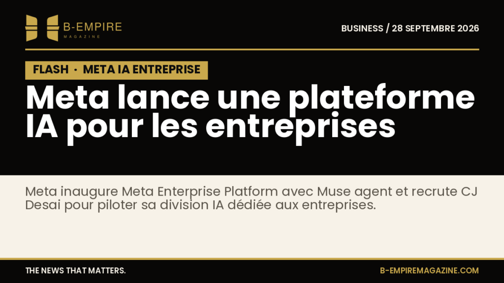 Visuel stylisé avec le logo Meta, un fond noir et or, et le texte annonçant la nouvelle plateforme IA pour entreprises