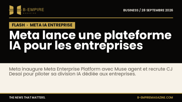 Visuel stylisé avec le logo Meta, un fond noir et or, et le texte annonçant la nouvelle plateforme IA pour entreprises