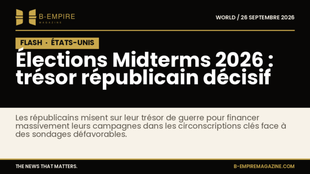 Visuel avec bloc noir marqué FLASH en or, titres en blanc et or sur fond noir évoquant une information urgente sur les élections américaines