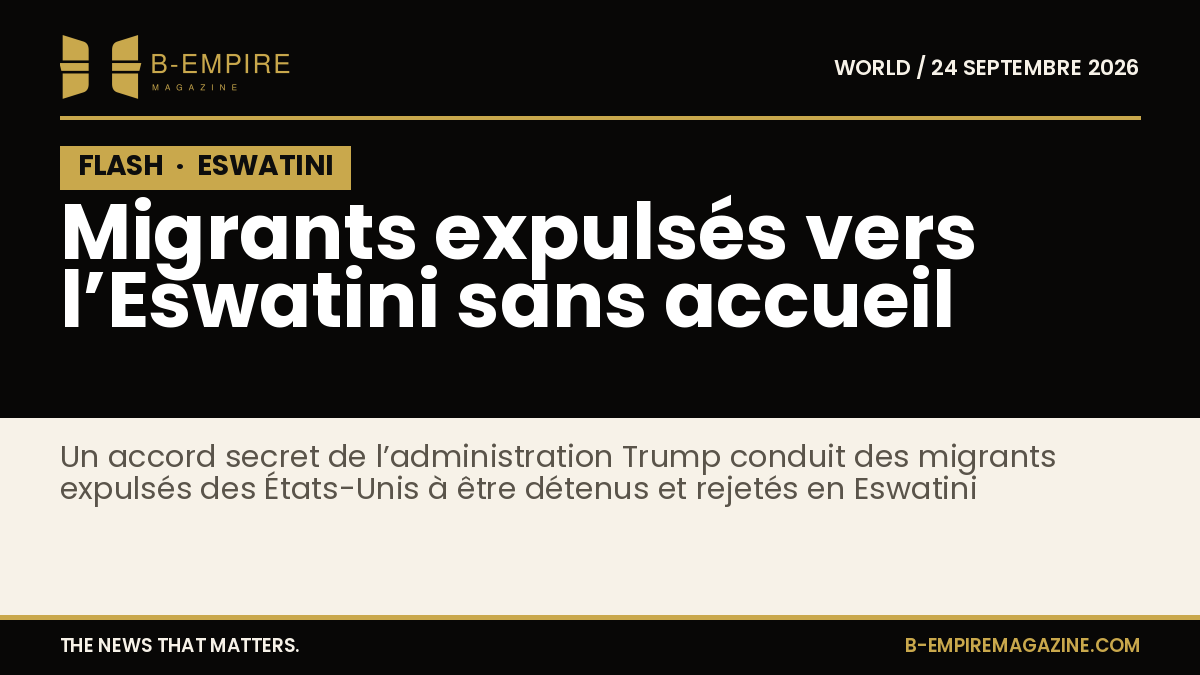 Carte stylisée de l'Eswatini en or sur fond noir avec un texte indiquant des migrants expulsés