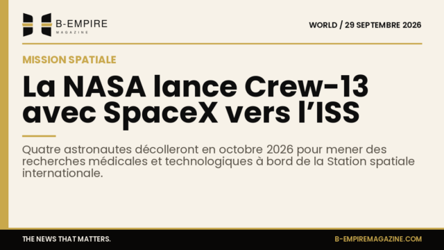 Illustration d'une fusée Falcon 9 au décollage depuis Cape Canaveral avec le logo NASA et SpaceX.
