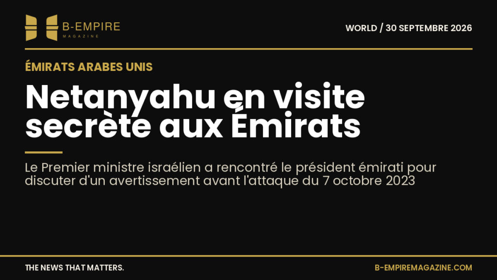 Photo sombre avec texte blanc et or annonçant la visite secrète de Netanyahu aux Émirats arabes unis, sur fond noir