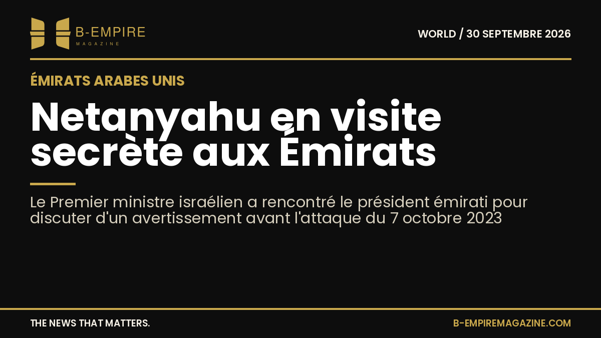 Photo sombre avec texte blanc et or annonçant la visite secrète de Netanyahu aux Émirats arabes unis, sur fond noir