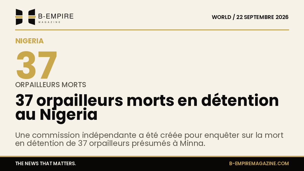 Visuel avec le chiffre 37 en grand, symbolisant les orpailleurs morts en détention au Nigeria, fond papier avec style stat.