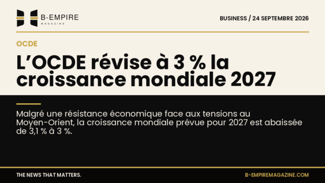 Graphique stylisé avec un chiffre 3% en or sur fond divisé entre papier et noir, évoquant la prévision OCDE 2027