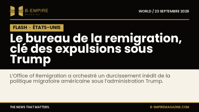 Visuel avec le texte FLASH en blanc sur fond noir, évoquant une information urgente sur la politique migratoire américaine sous Trump.