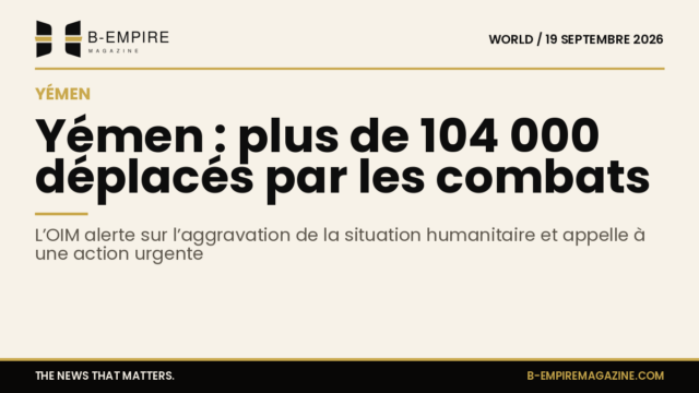 Chiffre 104000 en grand sur fond papier avec titre sur la crise humanitaire au Yémen